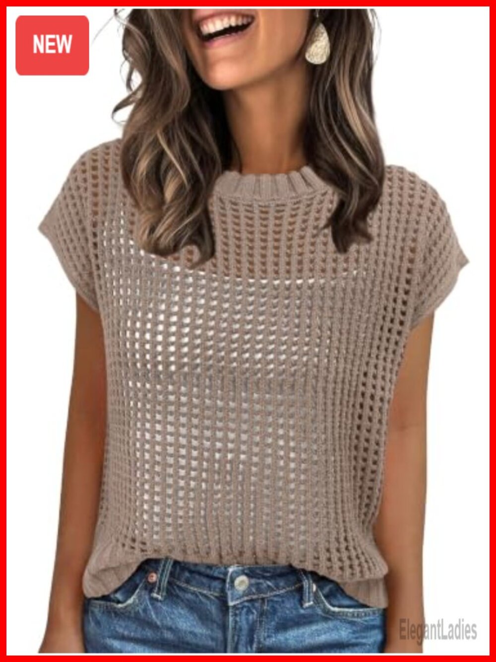 ANRABESS Short Sleeve Crochet Knit Sweater Vest Women Loose Fit Top